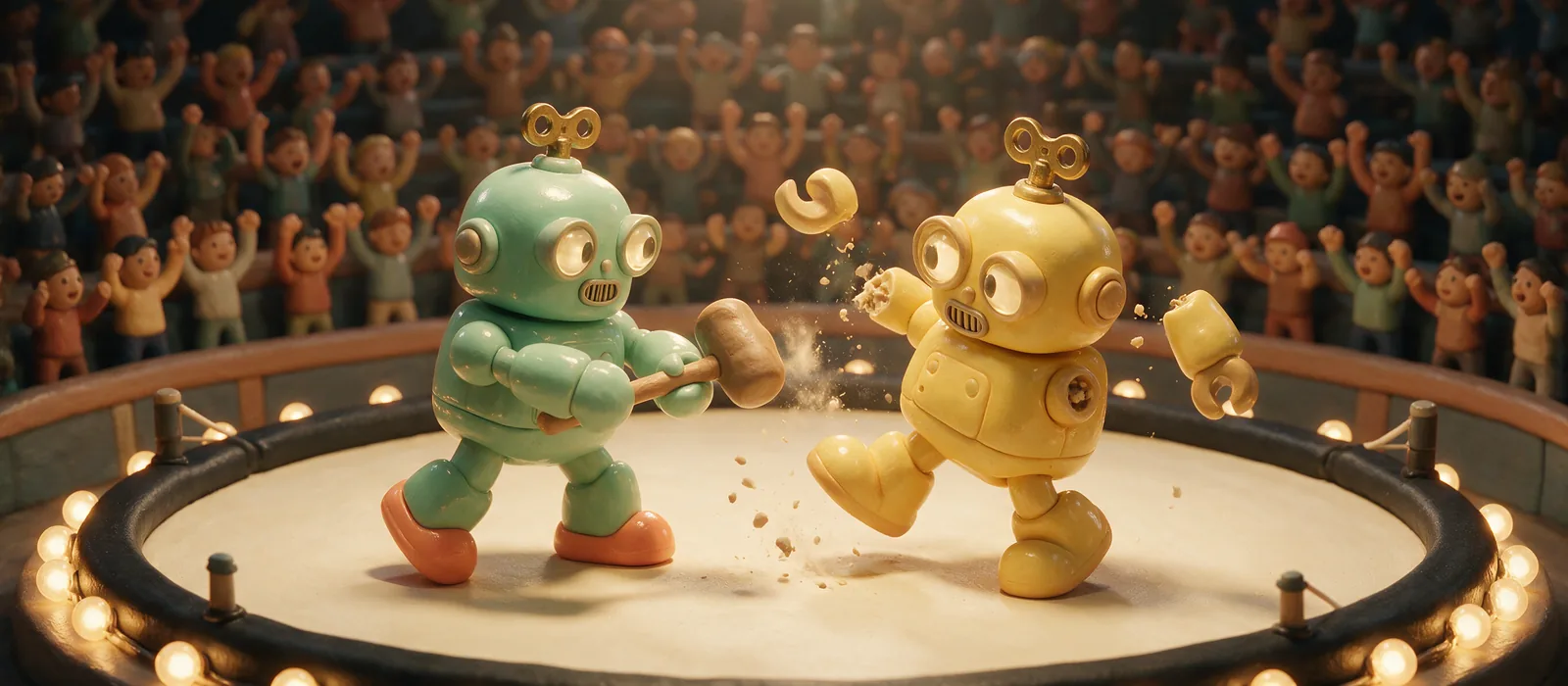 Two clay toy robots fighting in a lit ring while a crowd cheers