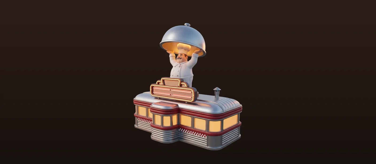 A small chrome diner with a glowing sign and a chef on the roof